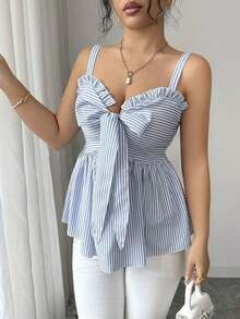 Top sin mangas casual para mujer, diseño de moda con tirantes de lazo, nudo de moño, a rayas azul y blanco, cintura ceñida, sexy y favorecedor, versátil para uso diario y citas, verano - Azul marino - Ver 5