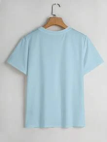 Women's Short-Sleeved T-Shirt With Round Neck, 100% Polyester Fiber, Machine Washable, Easy Care, Casual Design With French-Style Letter And Dessert Print, Romantic Breakfast Print, New Summer Collection 2026, Suitable For Daily Wear And Travel. - 淺藍色 - 查看 2
