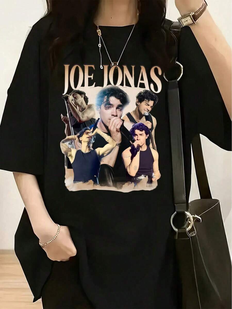 JOE JONAS Estampado de Retrato, Camiseta Casual de Cuello Redondo y Manga Corta para Mujer, Mezcla de Algodón Suave, Corte Holgado, Artículo de Moda Esencial - Multicolor - Ver 1