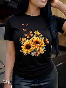 Camiseta con estampado de girasoles y mariposas, top casual de manga corta con cuello redondo, ropa de mujer para primavera/verano, camiseta de algodón puro con estampado para mujer. - Negro - Ver 1