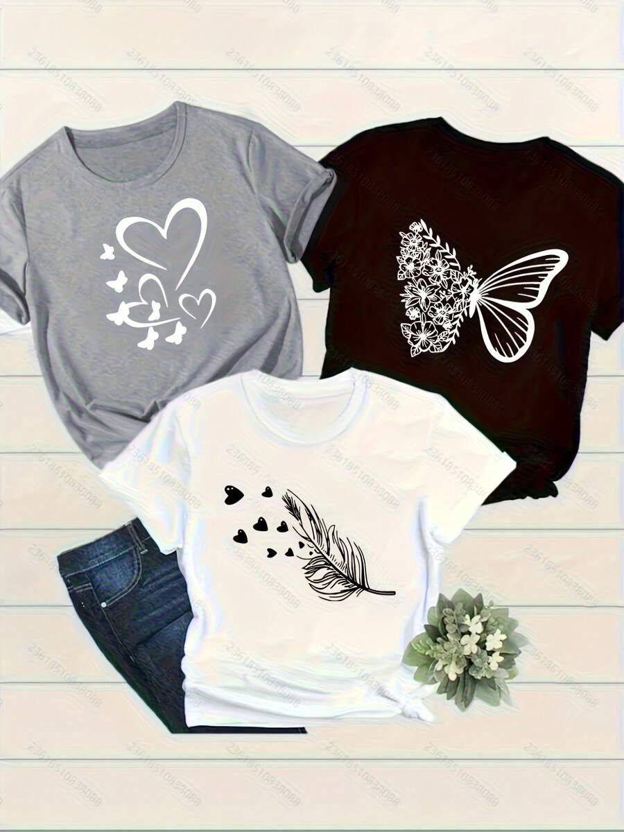 Conjunto de 1 pieza de camiseta casual de manga corta con cuello redondo para verano - Blanco - Ver 1
