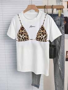 Camiseta minimalista estampada de cuello redondo y manga corta para mujer, usar todos los días de forma casual - Blanco - Ver 3