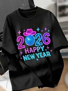 Camiseta de Año Nuevo 2026 para Mujer, para la Familia, Acabado Colorido, Cuello en V, Estampado de Texto Divertido, Moda, Meme de Internet, Popular en Redes Sociales, Unisex, Estilo Casual, Manga Corta, Corte Regular, Camiseta Y2k - Negro - Ver 1