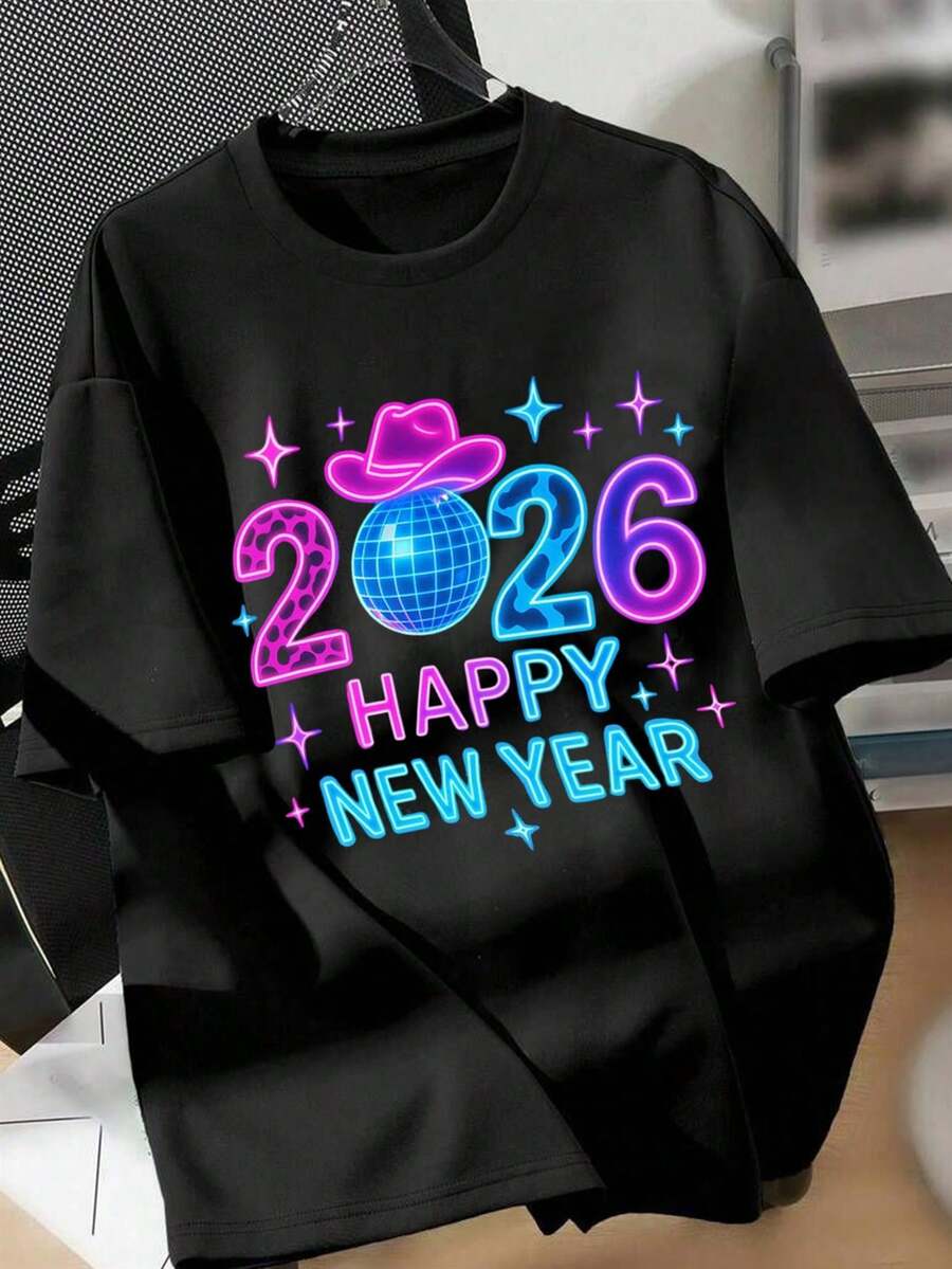 Camiseta de Año Nuevo 2026 para Mujer, para la Familia, Acabado Colorido, Cuello en V, Estampado de Texto Divertido, Moda, Meme de Internet, Popular en Redes Sociales, Unisex, Estilo Casual, Manga Corta, Corte Regular, Camiseta Y2k - Negro - Ver 1