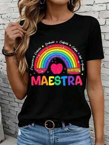 Camisetas de manga corta para mujer en blanco y negro son adecuadas para el ocio diario, el hogar y los viajes al aire libre. Camiseta "Rainbow Apple Teacher Maestra" para mujer, camiseta gráfica colorida, regalo para maestras de escuela, diseño divertido y brillante, regalo para fiestas. - Negro - Ver 1