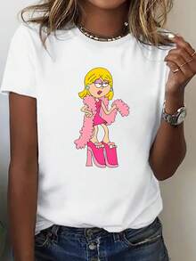 Plus Size, Women's T-Shirt With Cartoon Print Of A Blonde Girl, With Pink High Heels And A Teddy Cape, Letter Print, Plus Size, Round Neck. - 白色 - 查看 1