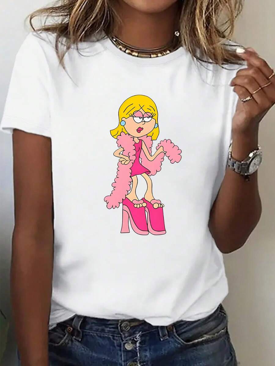 Plus Size, Women's T-Shirt With Cartoon Print Of A Blonde Girl, With Pink High Heels And A Teddy Cape, Letter Print, Plus Size, Round Neck. - 白色 - 查看 1