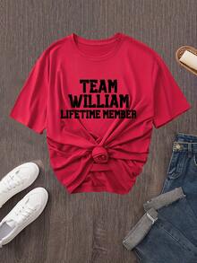 1 camiseta casual Team William Lifetime Member, tejido de punto de poliéster con ligera elasticidad, cuello redondo, estampado de alfabeto, talla grande para primavera/verano/otoño. - Rojo - Ver 1