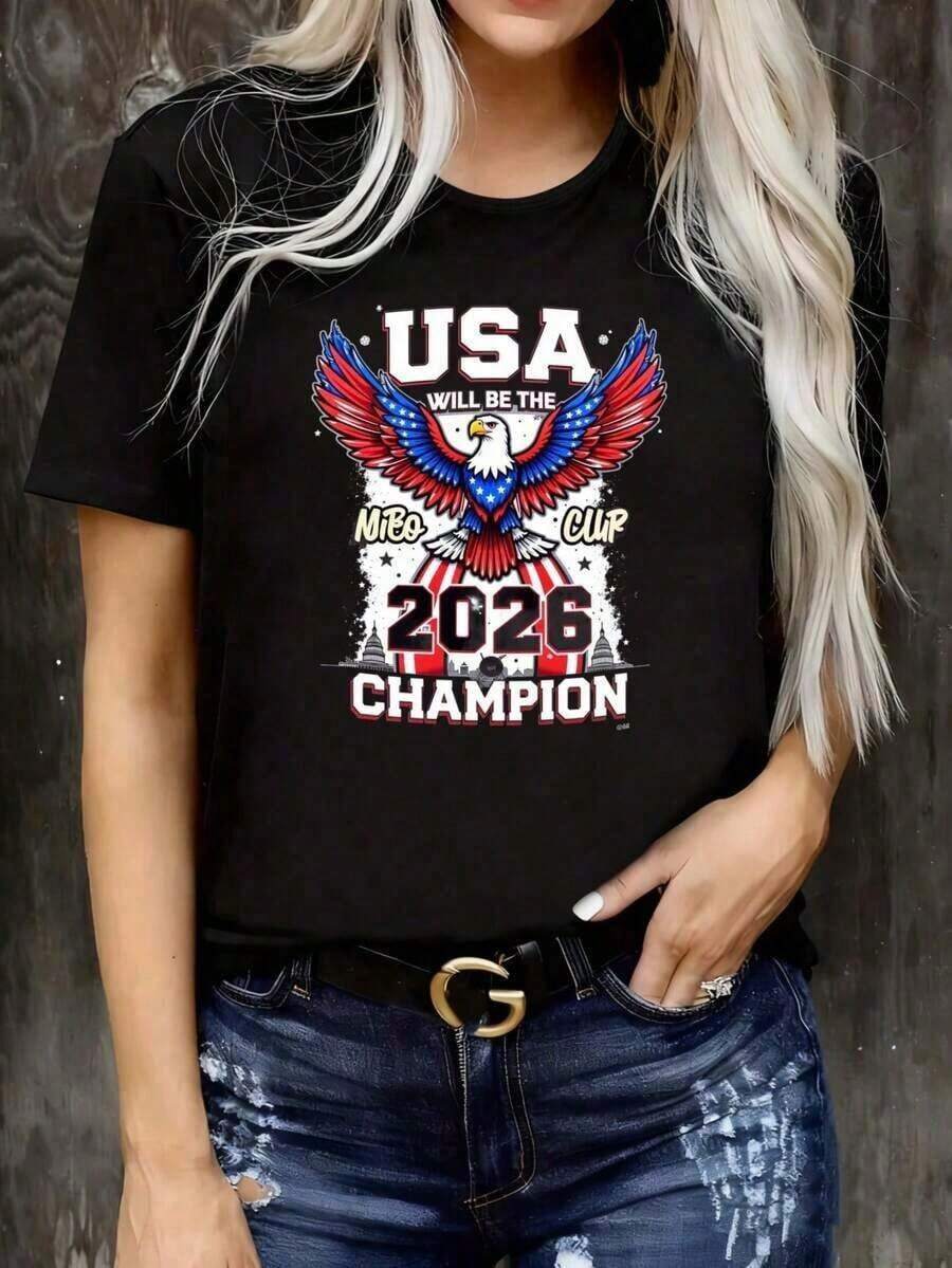 Camiseta temática de la Copa Mundial 2026, estilo retro, USA será campeón de la Copa Mundial 2026, camiseta vintage, camiseta de la Copa Mundial, regalo para fanáticos del fútbol, camiseta de la Copa Mundial, camiseta deportiva retro patriótica, 100% algodón puro, estampado divertido, cuello redondo, manga corta, camiseta para mujer, adecuada para: eventos deportivos/fiestas navideñas/salidas/deportes y otros regalos navideños. Conjuntos de verano para mujer 2026. - Negro - Ver 1