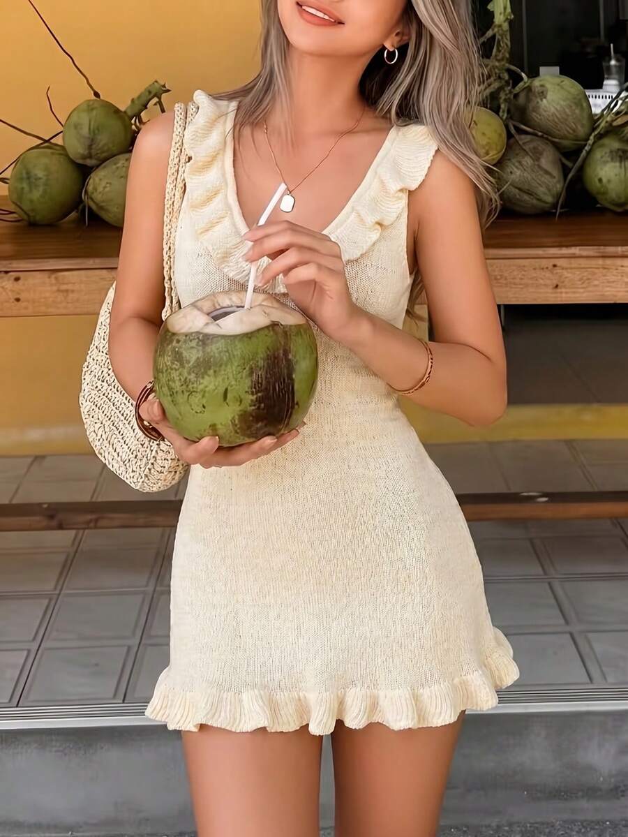 Minimalist Style Ruffled Hem Knit Camisole Dress, Sweet Fitted Short Sleeveless Yellow Dress