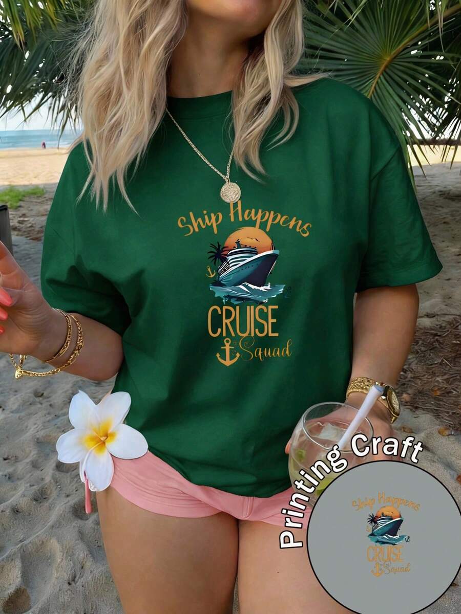 Camiseta de mujer manga corta 100% poliéster, cuello redondo, estampado romántico de letras y postres al estilo francés, estilo casual, lavable a máquina, verano 2026, ideal para viajes y uso diario - Verde Oliva - Ver 1