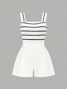 de 2 piezas de Primavera/Verano 2026 de diseño de moda elegante francés: Top ajustado de tirantes cuadrado en color marrón + Pantalón corto de pierna ancha blanco de cintura elástica, conjunto casual diario y de vacaciones para mujer - Blanco y Negro - Ver 4