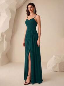 UNITHORSE Vestido de dama de honor de un solo color con abertura alta y tirantes de espagueti para boda - Verde Oscuro - Ver 4