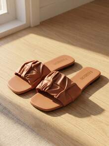 Women's Brown Ruched Strap Flat Slide Sandals, Square Open Toe Slip-On Slippers, Casual Summer Beach & Vacation Footwear - Brown - View 6