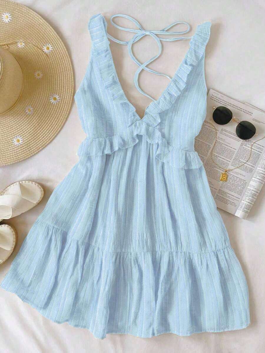 Vestido mini de mujer de color amarillo liso con volantes en los tirantes, de estilo casual de vacaciones, para verano - Celeste - Ver 1