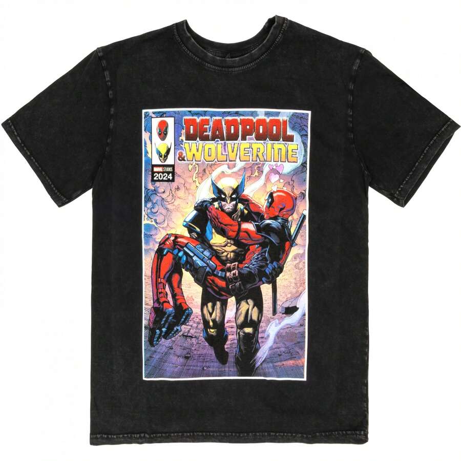 Wolverine Carrying Deadpool Stone Wash T-Shirt - 黑色 - 查看 1