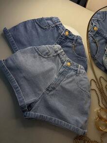 Basic Black And Gray Denim Shorts - Mint Blue - View 1