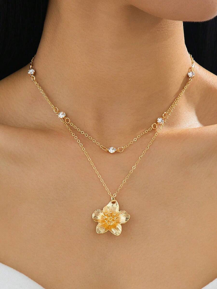 1 buah Kalung Liontin Bunga Emas Berkilau Modis untuk Liburan Musim Panas, Hadiah Elegan untuk Wanita - Yellow Gold - View 1