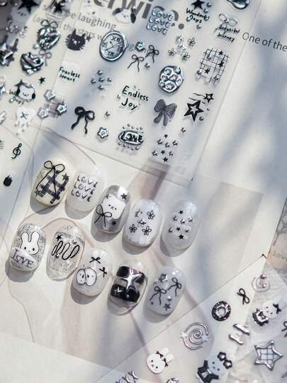 1 Sheet Black & White Cute Nail Stickers, 3D Embossed Cat & Bow Nail Decals, Y2K Grunge Heart & Clock Nail Art Supplies