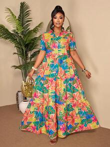 BIUBIU Plus Size Vibrant Tropical Vacation Dress, Short Sleeve V-Neck Button Down Dress With Ruffle Hem, Suitable For Holiday Wear Elegant Summer - Color - View 6