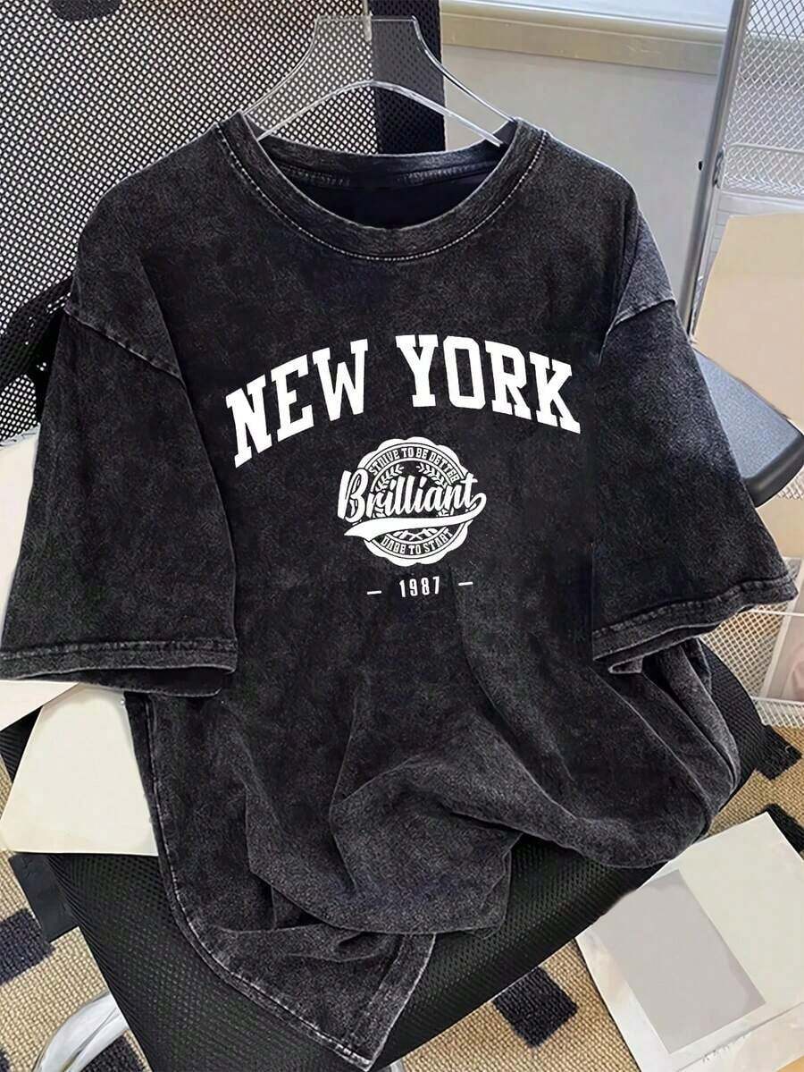 Camiseta de manga corta para hombre, estilo casual, a la moda, para uso diario, con estampado de letras, hombros caídos, holgada, lavada, estilo vintage de verano. - Negro - Ver 1