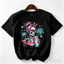 Women's Cotton Short Sleeve T-Shirt with Funky Skull Print for Beach Outings and Summer Fun, Medium Stretch Crew Neck Top - Negro - Ver 14