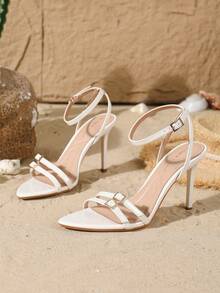 On feet& in love Giày sandal cao gót mũi nhọn hở mũi, một khóa cài, thời trang, thanh lịch dành cho nữ, chất liệu da bóng, thích hợp để phối cùng váy đầm vào mùa hè. - trắng - Xem 5