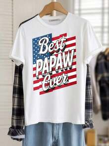 Women's Graphic Tees, Crew Neck And Loose Fit, 100% Cotton, With American Flag Print "World's Best Dad", Casual Wear, Short Sleeve T-Shirts For Spring,  Basic T-Shirts For Summer, Clothing Gift For Women, Cotton T-Shirts For Summer. - 白色 - 查看 3