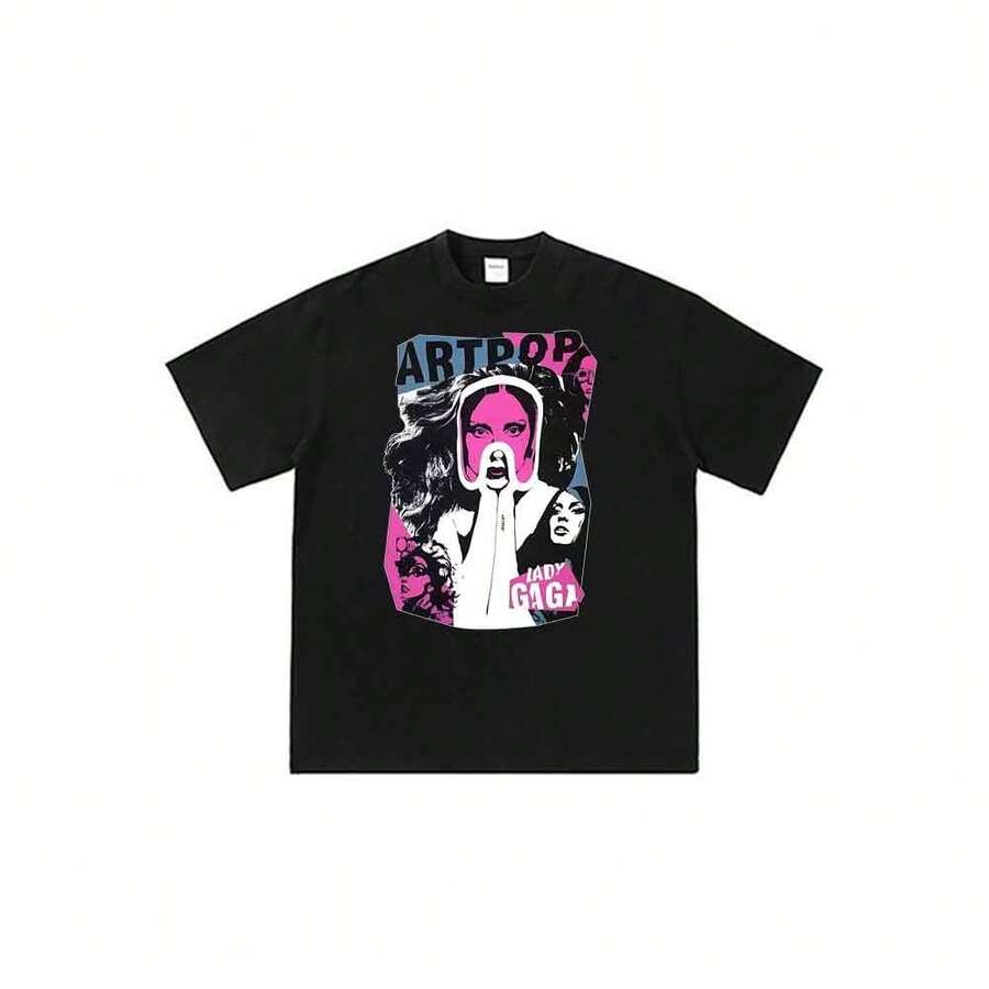 Camiseta unisex con estampado de anime, manga corta, estilo casual, ideal para el verano y uso diario, inspirada en el álbum Artpop de Ladys Gagas. - Negro - Ver 1