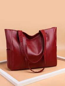 1 pieza Bolso de mano de unicolor de alta calidad de piel de PU, adecuado para ir al trabajo, para el transporte o para uso diario, se puede llevar en la mano o al hombro - Rojo - Ver 3