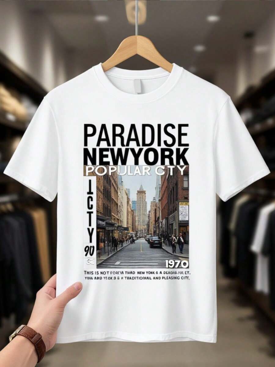 Vintage Street Scene Print of Paradise New York City de la déc de 1970. Camiseta de cuello de tulación blanco de manga cortara mujer, casual y transpirable. I para comodidad. Un gran regalo para Halloween o Navidad