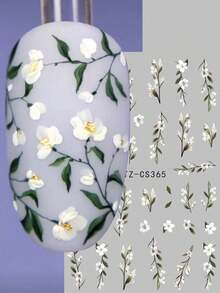 2 pièces Autocollants d'art pour ongles 3D fleurs sauvages blanches, fleurs élégantes avec feuilles, stickers adhésifs pour ongles, convient pour la décoration d'ongles de mariage et de célébration - Multicolore - Voir 5