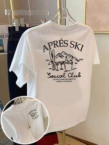 Camiseta de Mujer con Temática de Esquí - Camiseta Gráfica "APRES SKI" con Diseño de Pistas de Esquí y Ascensor, Camiseta Casual de Manga Corta con Cuello Redondo para Esquiar, Fiestas de Esquí, Entusiastas del Esquí, Camiseta Estampada, Ajuste Cómodo, Invierno, Ropa de Esquí, Camiseta de Corte Relajado Y2k - Blanco - Ver 1