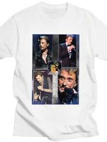 playeras de mujer Custom Male French Singer Rock Music Johnny Hallyday Women T Shirts Short Sleeves Cotton Tshirts T-shirt Casual Tee Loose Fit Clothing - Blanco - Ver 1