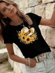Camiseta de algodón de manga corta para mujer, con estampado gráfico de girasoles y flores, ideal para vacaciones, estilo casual, cuello redondo, ropa de mujer. - Negro - Ver 3