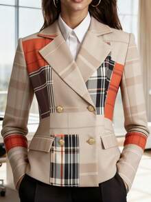 HOMEYEE Long Sleeve Plaid Print Blazer, Retro Elegant Casual Vacation Formal Daily Business Commute Workwear - Màu be - Xem 9