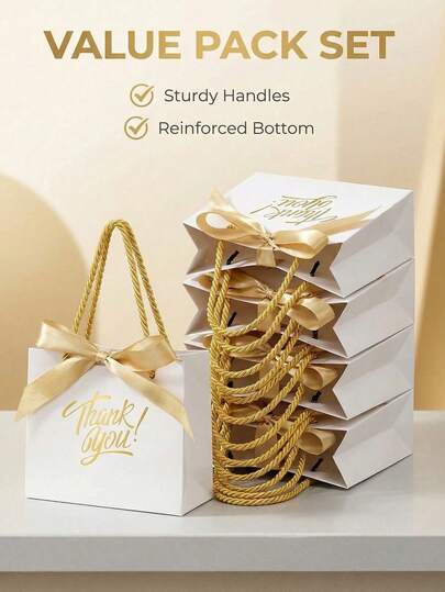 1/5/10pcs White "THANK YOU" Gift Bags, Gold Lettering Thank You Gift Bags With Handles, Includes Bow Handles And White Bags, 5.5 X 2.36 X 4.7 Inches, Suitable For Baptism, Birthday, Wedding, Party, Valentine's Day Gift Boxes, Thank You Occasions