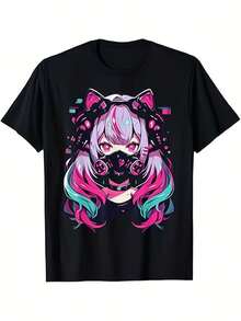 Camiseta de  con Estampado Gráfico - Diseño Futurista con Orejas de Gato y Detalles Neón, Manga Corta, Cuello Redondo, Estilo Casual, Ligera para Verano y Primavera, Lavable a Máquina, Camisetas para Mujer, Ropa Casual, Diseño Divertido, Ajuste Cómodo, Camiseta Y2k - Blanco - Ver 1