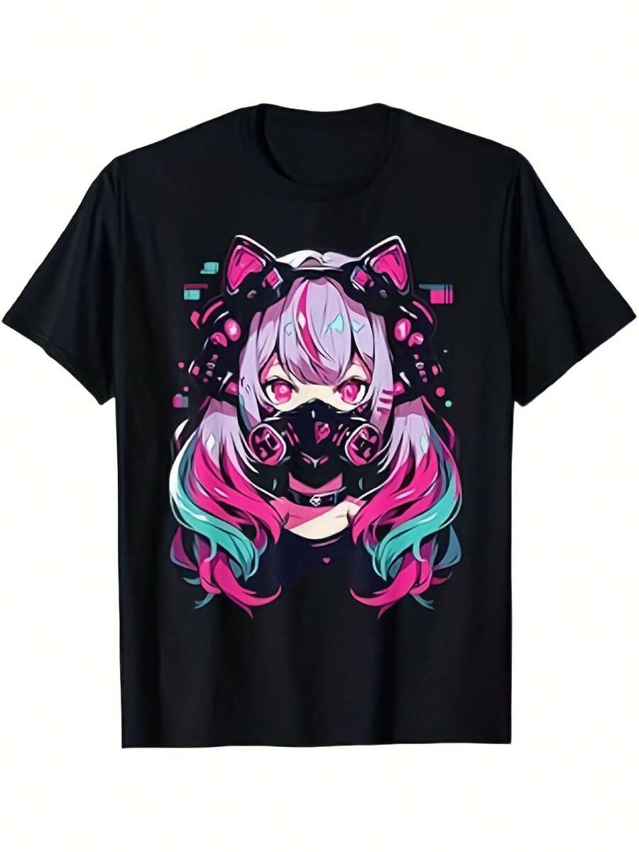 Camiseta de con Estampado Gráfico - Diseño Futurista con Orejas de Gato y Detalles Neón, Manga Corta, Cuello Redondo, Estilo Casual, Ligera para Verano y Primavera, Lavable a Máquina, Camisetas para Mujer, Ropa Casual, Diseño Divertido, Ajuste Cómodo, Camiseta Y2k - Blanco - Ver 1