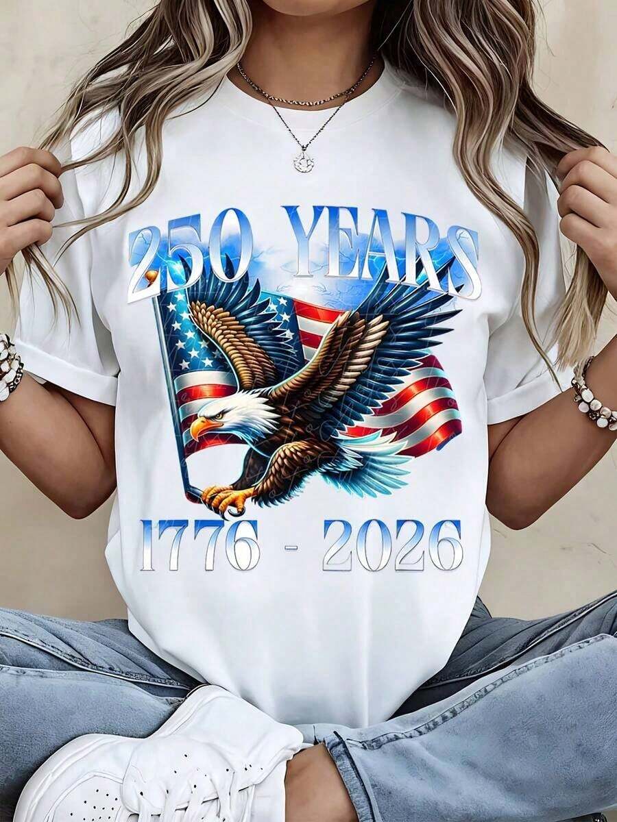 1 Piece Patriotic T-Shirt 250 Years Independence Day Celebration 1776-2026 For Women, Men, Unisex, Graphic Tee With US Flag, Birthday Party Gift, Clothing, 180g, 100% Cotton, Designs Are Printed. Unisex. - 白色 - 查看 1