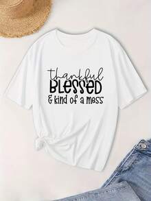 Camiseta estampada de talla grande para mujer, de verano y primavera, de manga corta y cuello redondo, estilo casual. - Blanco - Ver 2