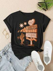 Bienvenidos al Oeste Salvaje: Camiseta Casual con Estampado de Vaqueros, Cactus y Montañas para Mujer, Adecuada para Todas las Temporadas  
 -Blanco - Negro - Ver 2