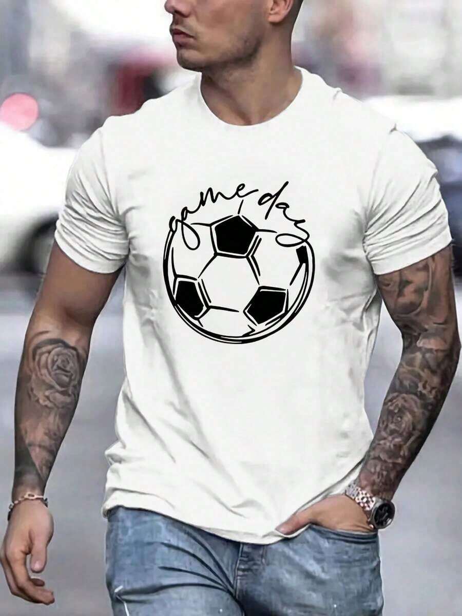 Men's Soft, 100% Cotton T-Shirt, New Summer Style, Casual, Short-Sleeved, Printed, Slightly Stretchy, With A Ribbed Crew Neck, Comfortable And Breathable. This Breathable Cotton T-Shirt Goes With Everything, Great For Any Occasion. - 白色 - 查看 1