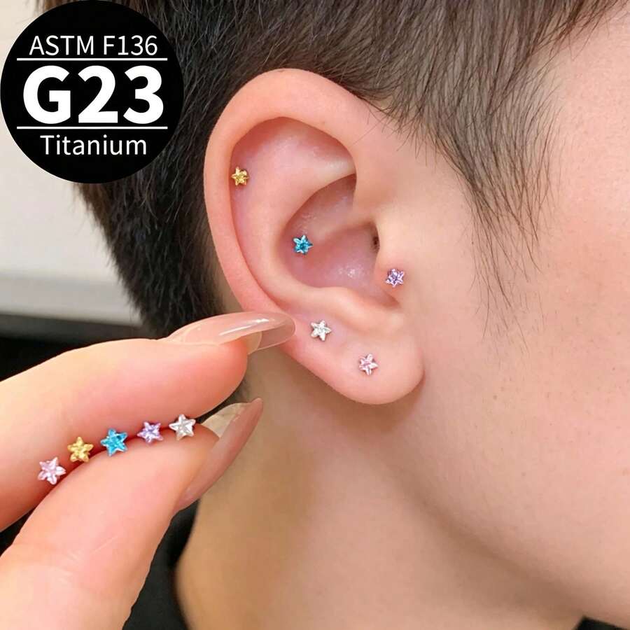 1 chiếc khuyên tai đinh tán hình ngôi sao mini 4mm không gây dị ứng, phù hợp cho cả nam và nữ, khuyên tai kẹp tai nhỏ nhắn tinh tế, khuyên tai xỏ lỗ tai Dopamine. - Ngôi sao - Xem 1