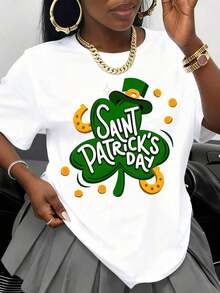 Women's St. Patrick's Day T-Shirt With Lucky Shamrock Design, Green Shamrock And Gold Horseshoe Print For St. Patrick's Day Celebration, Casual Party Wear, Seasonal Outfit - Vintage Urban Style, Unisex Loose Fit Cotton Short Sleeve Crew Neck T-Shirt - 白色 - 查看 2
