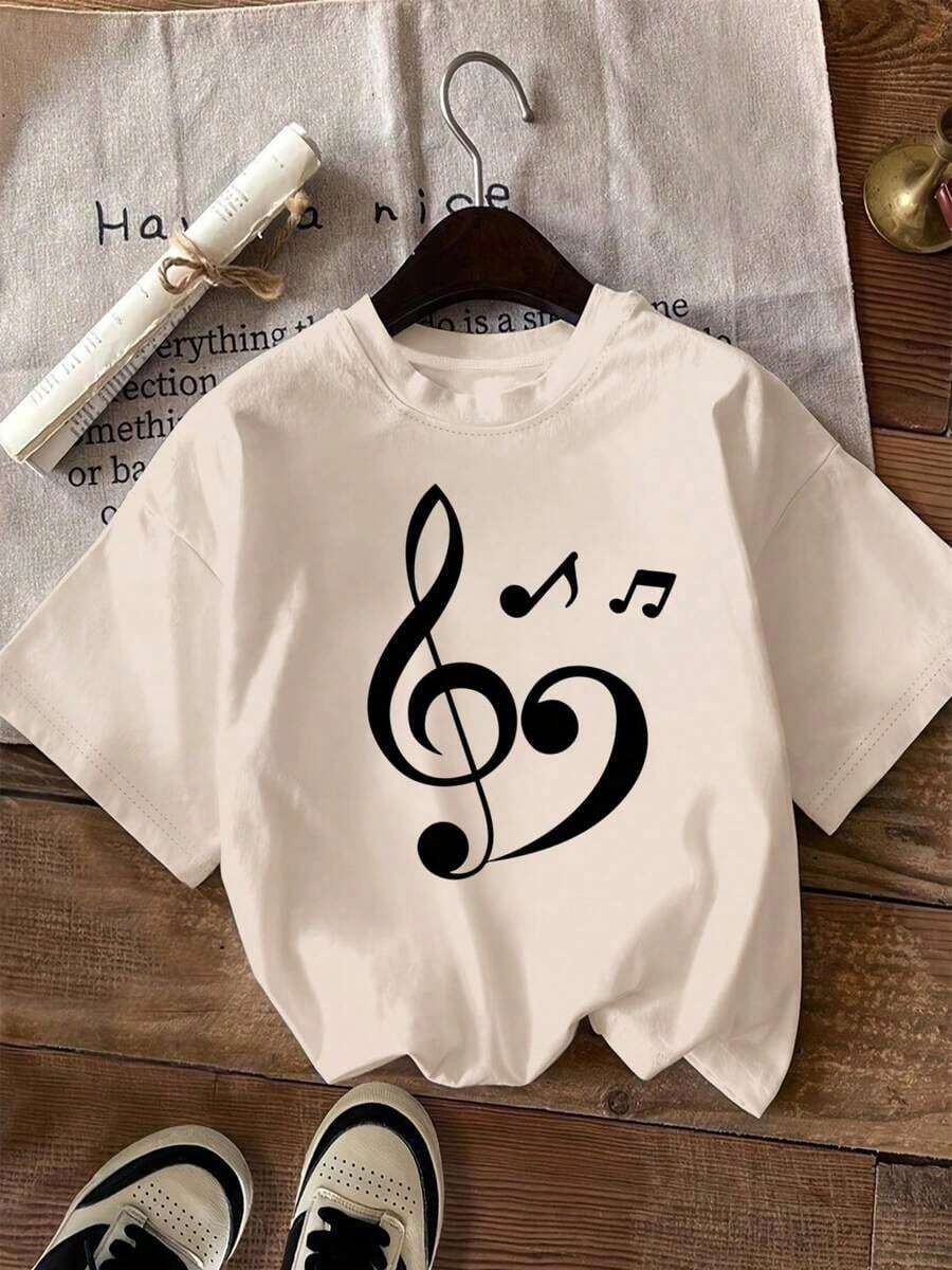 Camiseta con Estampado de Símbolo Musical a la Moda - Unisex, Holgada - Ajuste Cómodo, Estilo Vintage Urbano - Camiseta de Algodón - Adecuada para primavera, verano y otoño. - Albaricoque - Ver 1