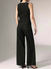 Conjunto de 2 piezas con top sin mangas con botones metálicos y aberturas en la Bottom, y pantalones vaqueros de pierna ancha de cintura alta - Conjunto elegante de mezclilla, pantalones vaqueros de pierna ancha y holgada, pantalones vaqueros de mujer de talle alto, FW25 - Negro - Ver 2