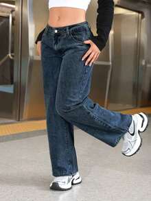 PETITE Pantalones vaqueros casuales de pierna ancha y bolsillos sueltos para mujer - Azul 3 - Ver 5