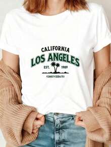 Camiseta de manga corta para mujer con estampado vintage de palmeras de California, Los Ángeles, exclusivamente confeccionada con tela 100% algodón puro, suave, transpirable, que absorbe la humedad y el sudor, con un estilo callejero silencioso, lujoso y minimalista, con un toque casual deportivo bohemio de estilo resort francés. Tiene cuello redondo y un corte ajustado pero holgado, adecuado para - Blanco - Ver 1