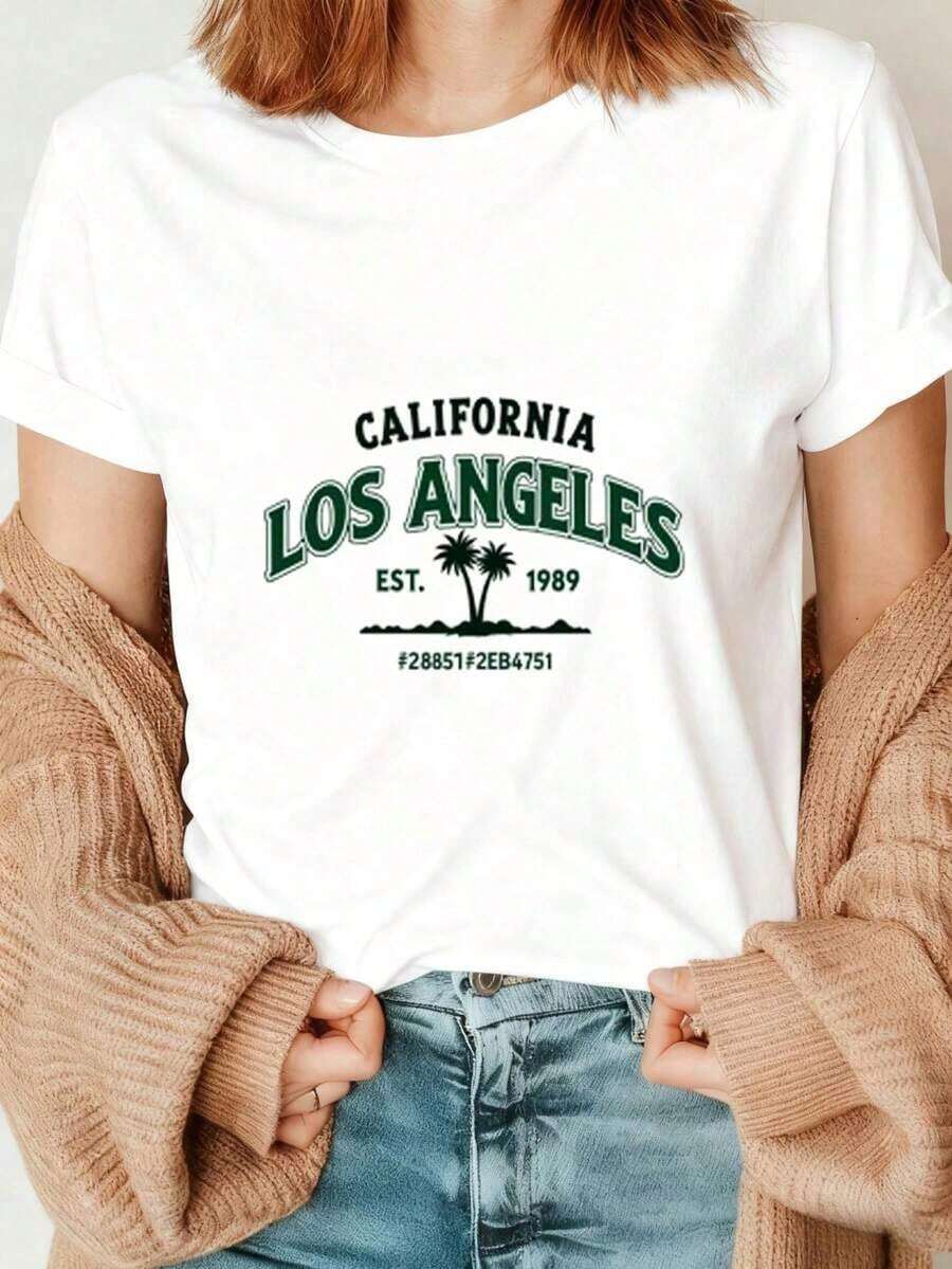Camiseta de manga corta para mujer con estampado vintage de palmeras de California, Los Ángeles, exclusivamente confeccionada con tela 100% algodón puro, suave, transpirable, que absorbe la humedad y el sudor, con un estilo callejero silencioso, lujoso y minimalista, con un toque casual deportivo bohemio de estilo resort francés. Tiene cuello redondo y un corte ajustado pero holgado, adecuado para - Blanco - Ver 1